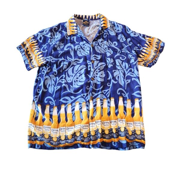 Vintage 90s Corona Beer Hawaiian Shirt All Over Print Unique Rayon XL - Picture 1 of 14
